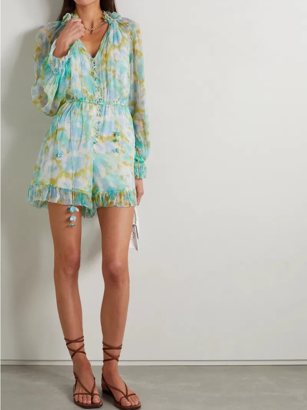 Zimmermann High Tide Silk Flutter Ruffle Romper in Aqua